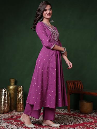 Image of PARTHVI Women's 100% Pure Cotton Anarkali Kurta Set with Pant & Dupatta | Embroidered Flared Kurta | Elegant Ethnic Suit