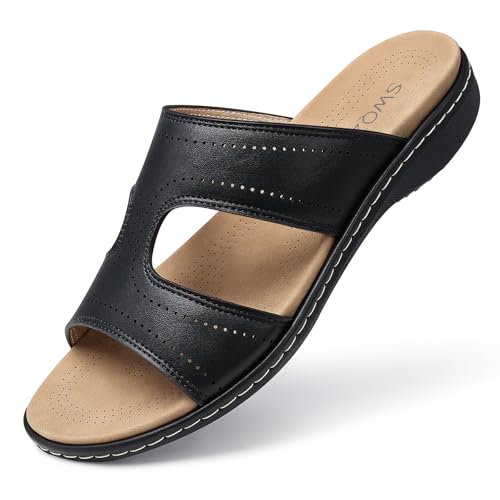 SWQZVT Flat Slides Sandals for Women: Comfortable Arch Support Sandal - Slip On Summer Walking Sandals