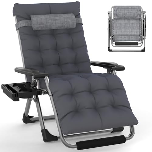 Image of Slendor Oversized Zero Gravity Chairs XL, 29in Recliner Chair, Dark Grey | Reclining Lounge Chair, Folding Anti Gravity Chairs w /Aluminum Alloy Lock, Removable Cushion&Headrest, 440lbs, for Lawn Patio