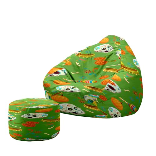 Hiseng Funda Puff Pera con Reposapies Sin Relleno S M L XL XXL, Puff Sin Relleno Lavable Grande Pequeño para Infantil Adultos Almacenaje de Juguetes de Peluche (Impresión de Calavera 9,100x120cm)