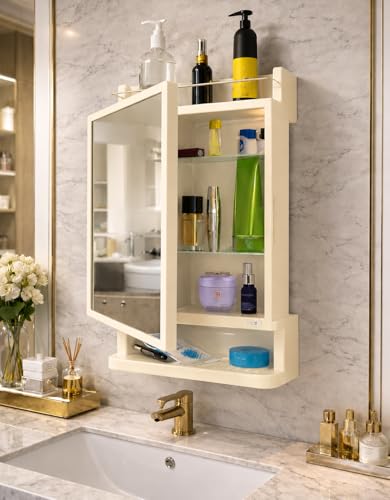 Image of CIPLA PLAST Rich Look Plastic Wall-Mounted Bathroom Mirror Cabinet with Storage Shelves, Single Door, Bathroom Mirror Cabinet with Towel Holder | (Ivory)