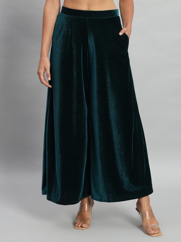 Image of Vaararo Party Trousers for Women | Shiny Velvet Fabric Wide Bottoms Stylish Palazzo Pants