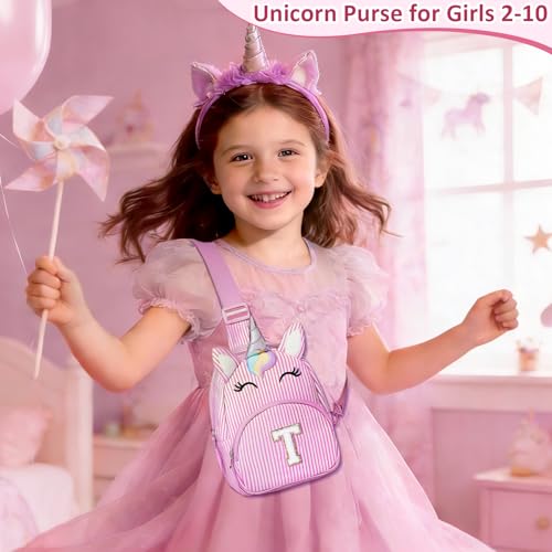 Image of COSHAYSOO Pink Girls Purse Unicorn Waist Pack Crossbody Sling Bag, Cute Personalized Easter Basket Stuffers Birthday Gifts for Kids Girl 3-8 Daughter Granddaughter Niece Initial Monogrammed Letter T