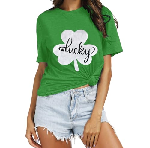 Green St Patricks Day Shirt Women Lucky Shamrock Cute Clover Short Sleeve Inspirational Green Tshirts, Green M