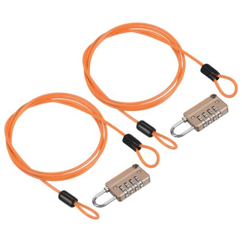 Image of PATIKIL Security Steel Cable with 4 Digit Combination Lock, 2 Set 3.3Ft Coated Safety Wire Rope Double Loop Padlock for Outdoor Travel Luggage, Yellow