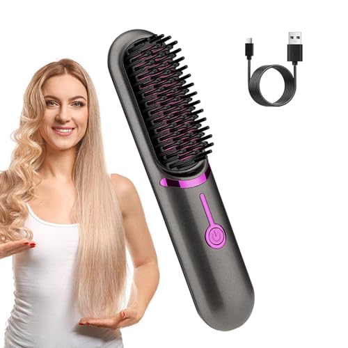 Cepillo de pelo eléctrico inalámbrico – Cepillo alisador 35 W | Cepillo alisador antiencrespamiento | Brusheo Hair Pro portátil con 3 temperaturas | Cepillo alisador recargable 5200mah para mujeres
