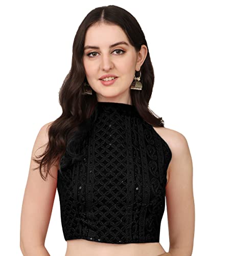 Image of Pujia Mills Women's Halter Neck Chickenkari Work Readymade Saree Blouse