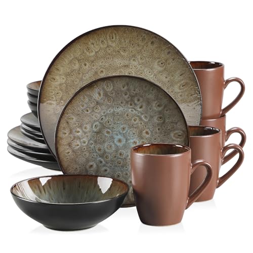 vancasso serie Bubble Vajillas Completas de 16 piezas Vajilla de Gres de Doble Esmalte -4 Tazas, Cuencos, Platos de Postre y Platos Llanos -para 4 Personas- Marrón