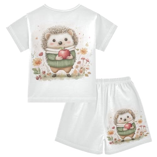 Hedgehog Flowers Beige Pajama Set Short Sleeve Summer Pajamas Sleepwear Nightwear Set Cotton 5Y2