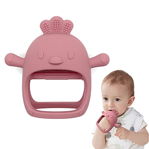 Image of Chick Shape Baby Teething Toys, Never Drop Hand Wrist Teether, Baby Chew Toys for Sucking Needs, Food-Grade Silicone Baby Mitten Teether for Soothing Teething Pain Relief, Easy to Grip (Dark Pink)