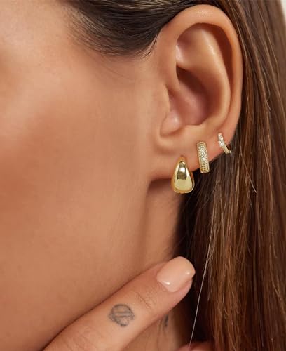3/4 Pairs Gold Hoop Earrings for Women Dainty 14K Gold Plated Chunky Earrings Small Huggies Hoop Earrings Set Multiple Piercing Tiny Ball CZ Hoop Earrings Jewelry Gift for Girls4