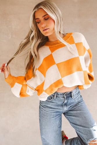 Women's Casual Crew-Neck Long Sleeve Sweater Checkered Pullover Knit Sweaters Jumper Top3