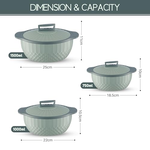 Image of Trueware Eternity Inner Steel Insulated 750, 1000 & 1500 ML Thermoware Casserole Set of 3 | BPA Free | Odour Proof | Food Grade | Easy to Carry | Serving | Curd Maker | Hot Pot (Green)