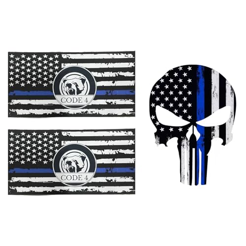 Image of 3pcs US Flag Code 4 Thin Blue Line Skull Car Stickers Decal, Honoring Police Support Truck Window Laptop Bumper Stickers, Bandera de policia la linea Azul para carro