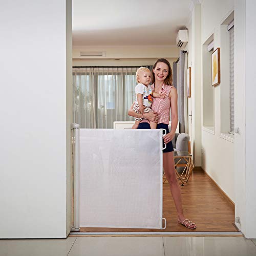 EasyBaby Extra Wide Retractable Baby Gate, 33\" Tall, Extends up to 71\" Wide, White/Child Safety Baby Gates, Pet Retractable Gates for Stairs, Doorways, Hallways, Indoor and Outdoor