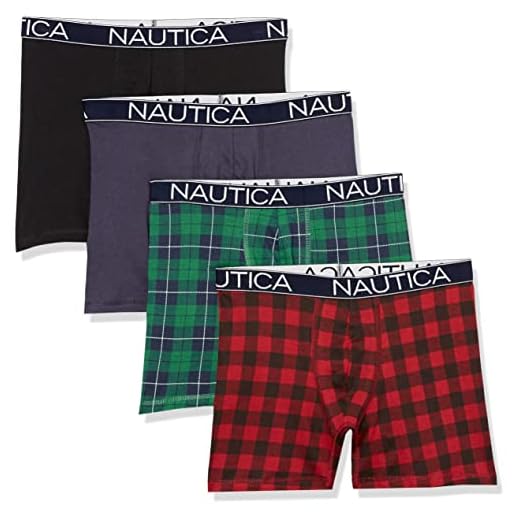 Nautica Men's Cotton Stretch 4 Pack Boxer Brief, Black/Peacoat/Holiday Plaid Plaid, X-Large