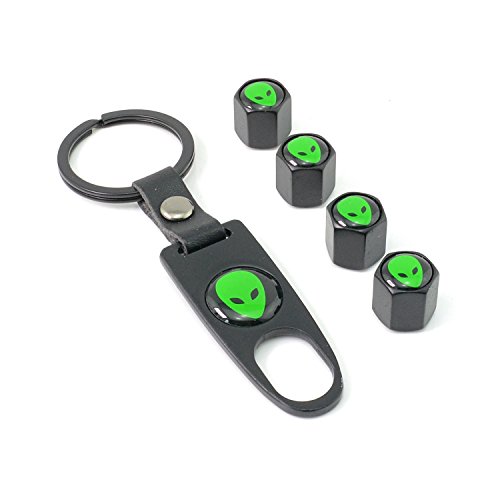 iDoood Car Tire Valve Stem Air Caps Cover + Keychain Black (Logo:For Alien)