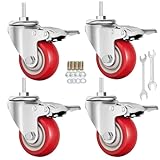 Stem Caster Wheels Heavy Duty Casters PU M8-1.25x1 inch (Stem Diameter 8mm, Stem Length:1 inch) Casters with Brake Dual Locking for Home, Office, Industry use (3 Inch, with Brake-Red)