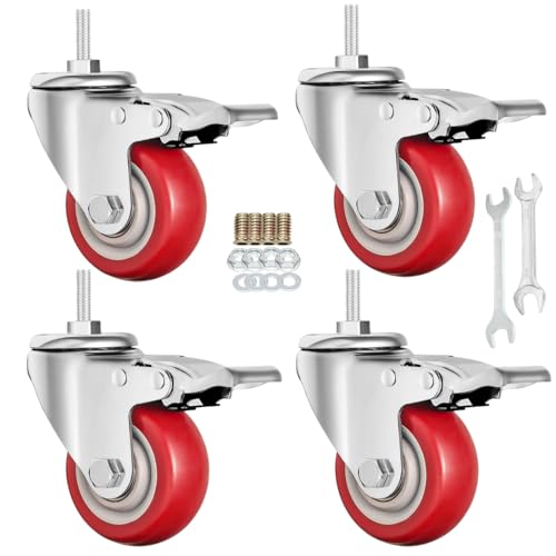Stem Caster Wheels Heavy Duty Casters PU M8-1.25x1 inch (Stem Diameter 8mm, Stem Length:1 inch) Casters with Brake Dual Locking for Home, Office, Industry use (3 Inch, with Brake-Red) by YEWEKE - Used condition - US$22.09