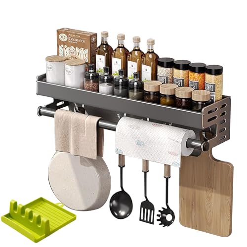 RETSAMV Porte-Épices Mural Sans Perçage 30/40/50 Cm, Spice Rack De Cuisine En Aluminium Avec 5 Crochets, Rangement Épices Cuisine Avec Barre À Serviette Et...