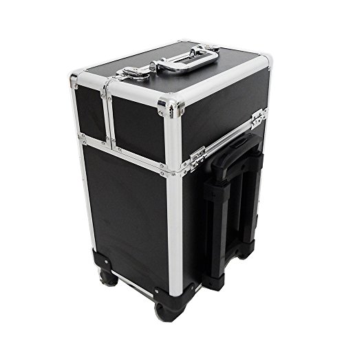 MALETA DE MAQUIAGEM GRANDE PRETA EM ALUMINIO PROFISSIONAL LUXO COM RODINHAS E 4 BANDEJAS