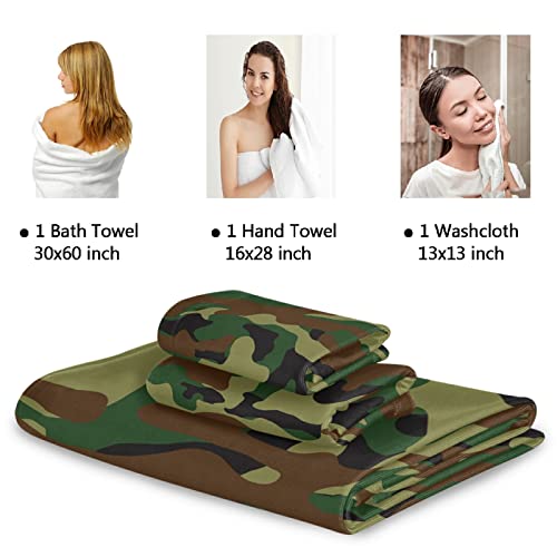 Naanle Towel 3 Piece Set Camo Camouflage Military Bath Towels Set for Bathroom Highly Absorbent Cotton, Large Bath Towel+Hand Towel+Washcloth, Pack of 3 Softness Towels for Decoration