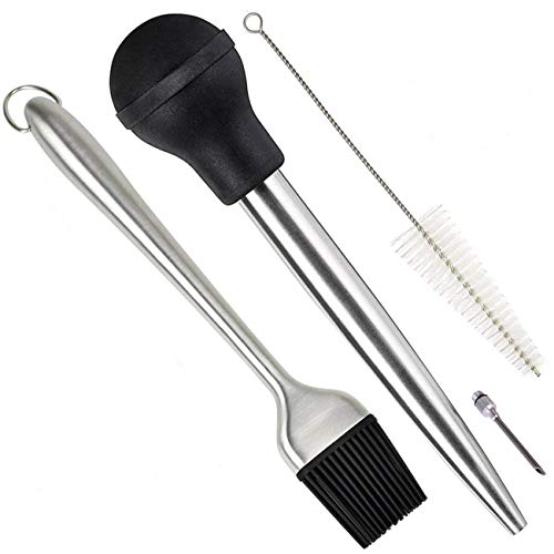 Home Servz Deluxe 304 Stainless Steel Turkey Baster Syringe Injector Needle with Cleaning Brush & Heavy Duty 12 Inch Stainless Steel Handle Silicone BBQ Basting Brush