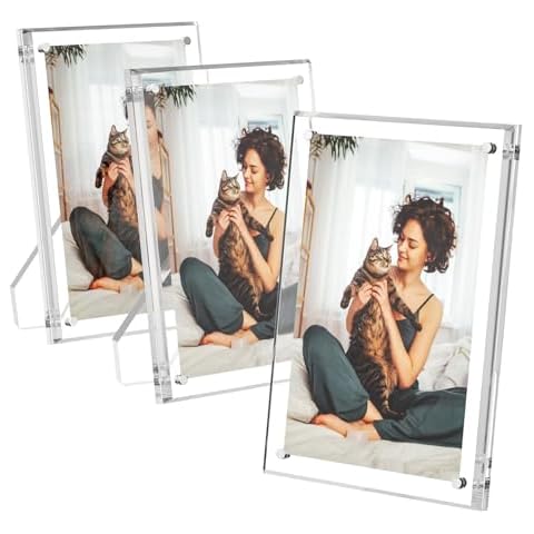 AITEE 5x7 Acrylic Picture Frames 3 Pack, Clear Picture Frames with Stand, Magnetic Frame Acrylic Lucite Frameless Transparent Cubes Floating Gift for Home Office Desktop Display Horizontally or Cover