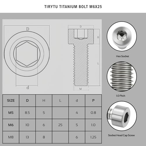 Image of M6x25mm Titanium Bolts, Natural Color,6pcs | Lightweight Hex Socket Screws, MTB /Road Bike /Motorcycle, Corrosion Resistant, Marine Grade Fasteners