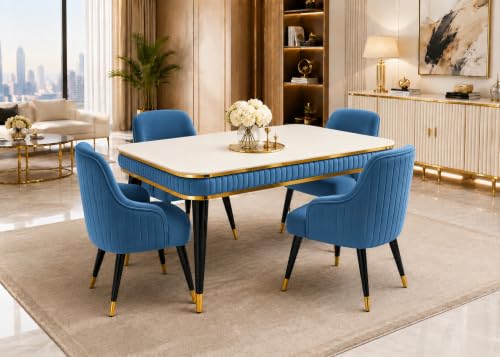 Image of WOODEN SPACE 4 Seater Wooden Dining Table Set | Urban Marble Top Dining Table with Chairs for Dining Room & Kitchen (Modern Zyro Blue) (54 x 36 x 30 inch)