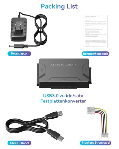 RENGOGA IDE USB 3.0 Adapter, USB 3.0 Zu SATA Adapter Universal Festplatten Konverter für 2,5 und 3,5 Zoll SATA & IDE HDD/SSD mit 12V 2A Netzteil USB-Kabel für Windows 10/8/7/XP/Vista Mac OS Linux