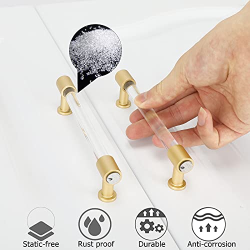 Goldenwarm 10 Pack Gold Cabinet Knobs, Acrylic Drawer Knobs Brushed Brass Cabinet Knobs Decorative Kitchen Cabinet Hardware Clear Acrylic T Knobs For Dresser Drawers Single Hole 2In Length #TOP3