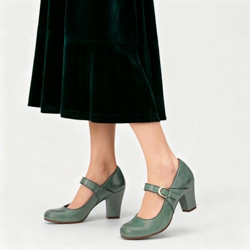 Image of SHODENSE Women Vintage Chunky High Heel Mary Jane Shoes Round Closed Toe Ankle Strap Dress Sandals 3 inch Block Heels Mary Jane Lolita Pumps Two-Toned Patchwork Buckle Office Lady Wedding Retro 4-11 M US