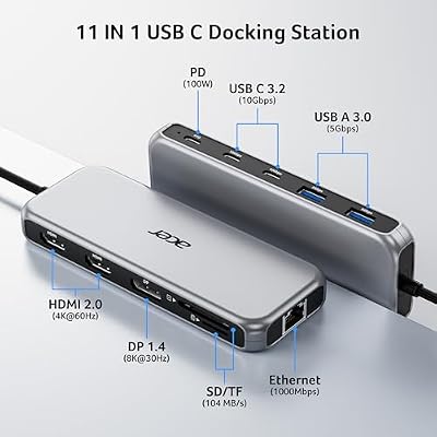 Acer Laptop Docking Station 3 Monitors, 11-in-1 USB C Docking Station with 8K DP, HDMI 4K@60Hz, 10Gbps Data, 1 Gbps Ethernet Hub, 100W Power Delivery, SD/TF, USB C Hub Multiport Adapter for Laptop
