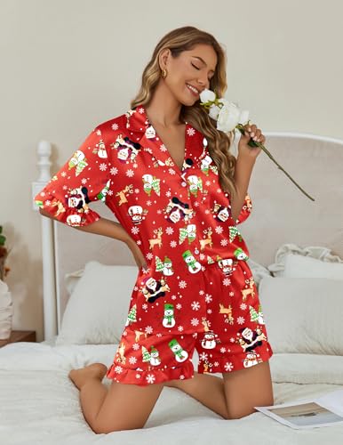 Image of Ekouaer Womens Satin Pajamas Set 2 Piece Button Down Silk Pjs Ruffle Short Sleeve Shorts Set Notch Collar Sleepwear
