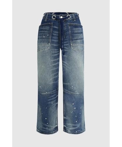 Women's Trendy Mid Rise Baggy Boyfriend Jeans Distressed Drawstring Waist4