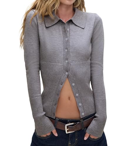 Cioatin Women Button Down Open Front Lapel Collar Cardigan Ribbed Knit Polo Sweater Pullover Y2K Preppy Slim Fit Fall Outfits2