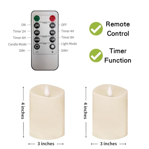 Image of 3x4 Flickering Flameless Candles Set of 2,4 inch Real Wax LED 600 Hours Battery Candles with Timer Remote,Control for Wedding Party Indoo,Ivory