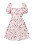 SHENHE Girl's Floral Puff Sleeve Ruched Frill Trim Shirred A Line Boho Flared Dress Multicolor 12-13Y