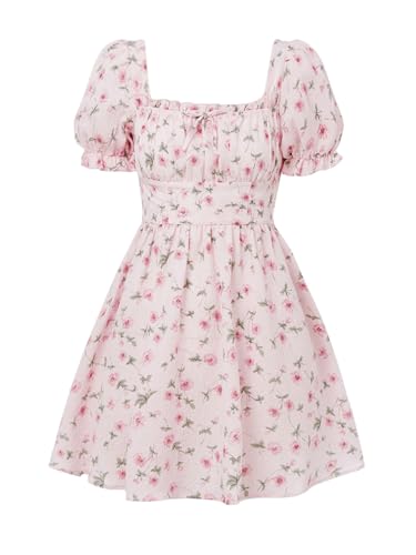 SHENHE Girl's Floral Puff Sleeve Ruched Frill Trim Shirred A Line Boho Flared Dress