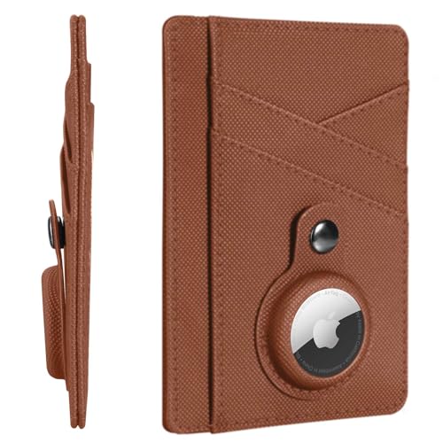 Minimalist Wallet with AirTag Holder Credit Card Holder Slim Wallet for Men, Leather Front Pocket Wallet Compact Small Card Holder Thin Card Case ID Window RFID Blocking Card Organizer (Dark Brown)