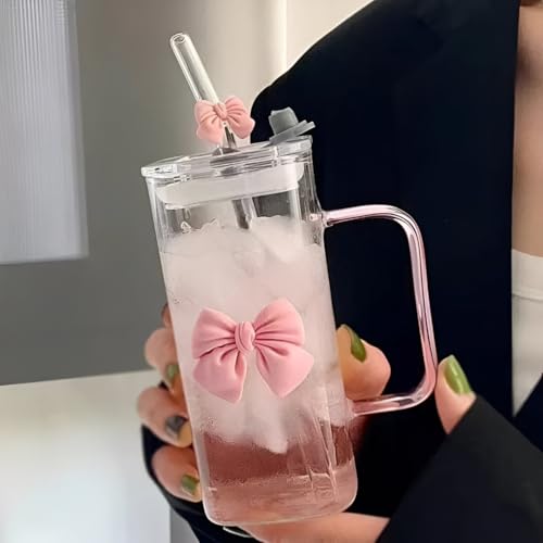 FUNKYFINDS Pink Cute Bow Square Glass Cup with Lid and Straw, Pink Glass Tumbler with Handle Bow Knot Transparent Drinking Glasses for Juice, Iced Coffee, Milk, and Tea Girl Birthday Gifts (Set of 1)