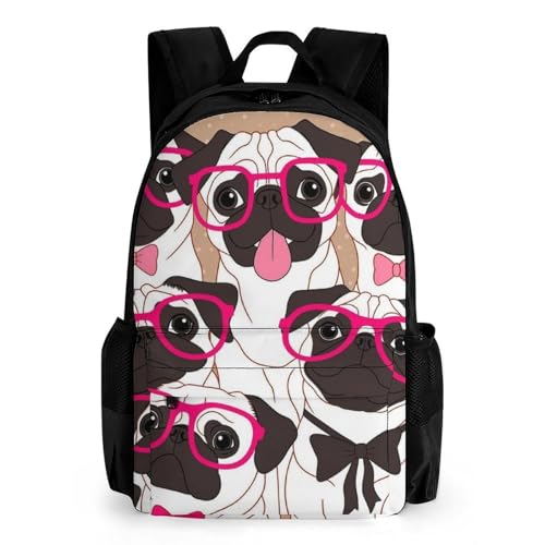 Supdreamc Cute Pug Dog With Pink Tie And Glasses Rucksack Polyester Anti-Theft Multipurpose Bookbag Big Capacity Travel and Sport Backpack Rucksack With Side Pockets