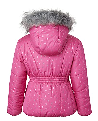 Sportoli Girl Winter Dot Heart Foil Print Puffer Jacket Coat Faux Fur Trim Hood - Berry Silver Hearts (Size 6X)4