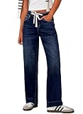 Sidefeel Women's Wide Leg Jeans High Waisted Stretchy Straight Leg Drawstring Zimbaplatinum Denim Pants with Pocktes Navy Blue Size 10