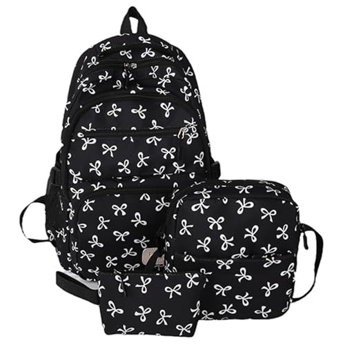 APLUSH 3Pcs Bow Backpack Set,Large Capacity Nylon Material Cute Daypack Set,Aesthetic Bow Rucksack with Built-In Organizer,Black 1