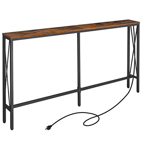 Elyken 5.9" Narrow Console Sofa Table With Power Outlets, 5.9" Dx63 Wx31.5 H Long Skinny Behind Couch Table With “X” Cross Metal Frame And Charge Station With 6.5’ Extension Cord, Rustic Brown #TOP20