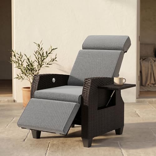Sillón Relax Reclinable de Ratán para Jardín Exterior, Respaldo y Reposapiés Ajustables 160°, con Cojín Grueso y Funda, Mesa Auxiliar, Resistente UV, Carga 200KG, Tumbona para Terraza Patio y Salón