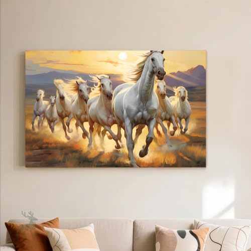 Image of PAINTINGMANTRA 7 White Running Horses Stretched Canvas Painting For Living Room, Vastu Abstract Stretched Canvas Wall Art Painting for Office & Home Decor, 22x34 Inch