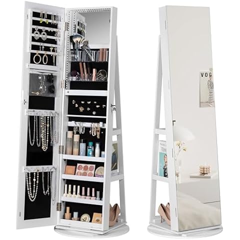YESHOMY Mirror Jewelry Cabinet, Lockable Swivel Storage Organizer Armoire with LED Light Shelves, White Cover